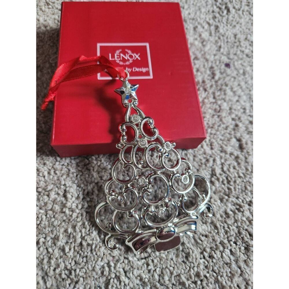 Lenox Sparkle and Scroll Clear Crystal Tree Ornament Silverplate